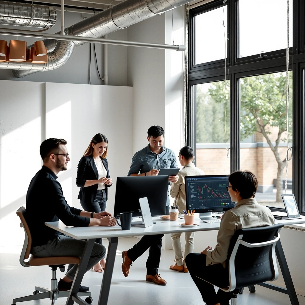 Professional web design team collaborating on a modern workspace
