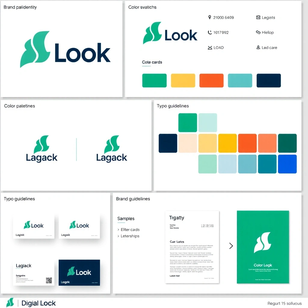 Brand identity design showcase with logos, color palettes, and brand applications