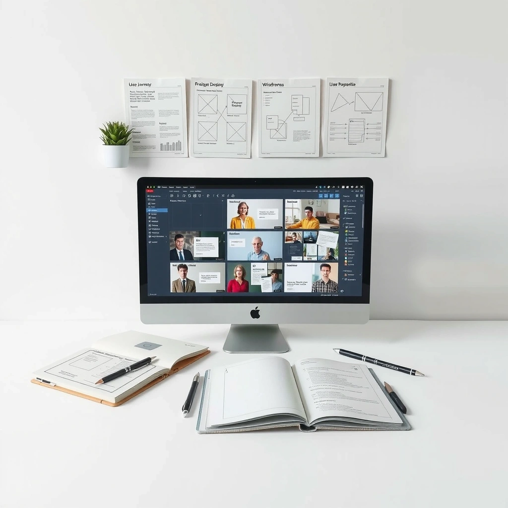 UI/UX design process with user journey mapping and wireframes